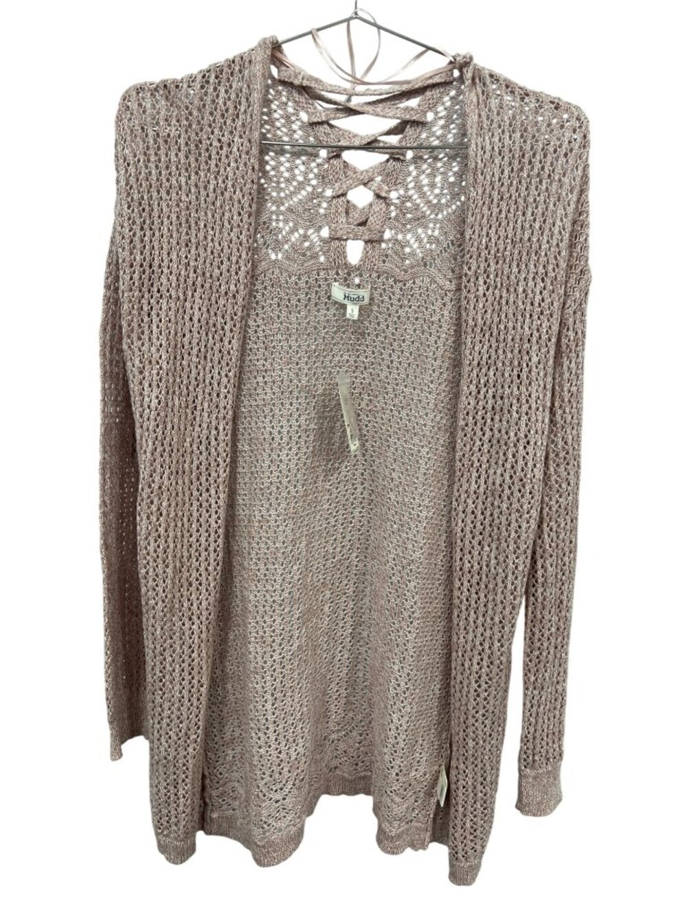 Mudd Cardigan Sweater Small Open Knit Long Sleeve Lace Up Back Beige Neutral NEW